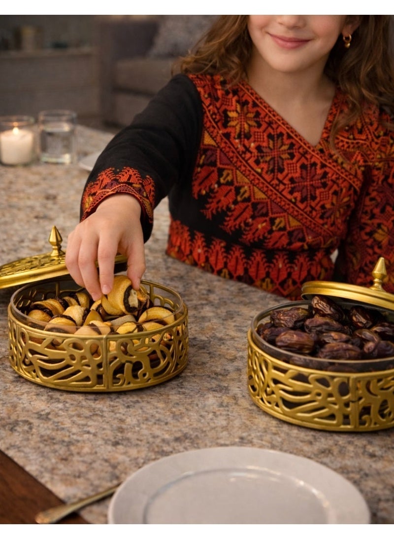 OLUDENIZ 3-Piece Luxury Arabic Calligraphy Dates Bowl Set – Gold Metal & Glass – Premium Ramadan Serving Collection - Image 2